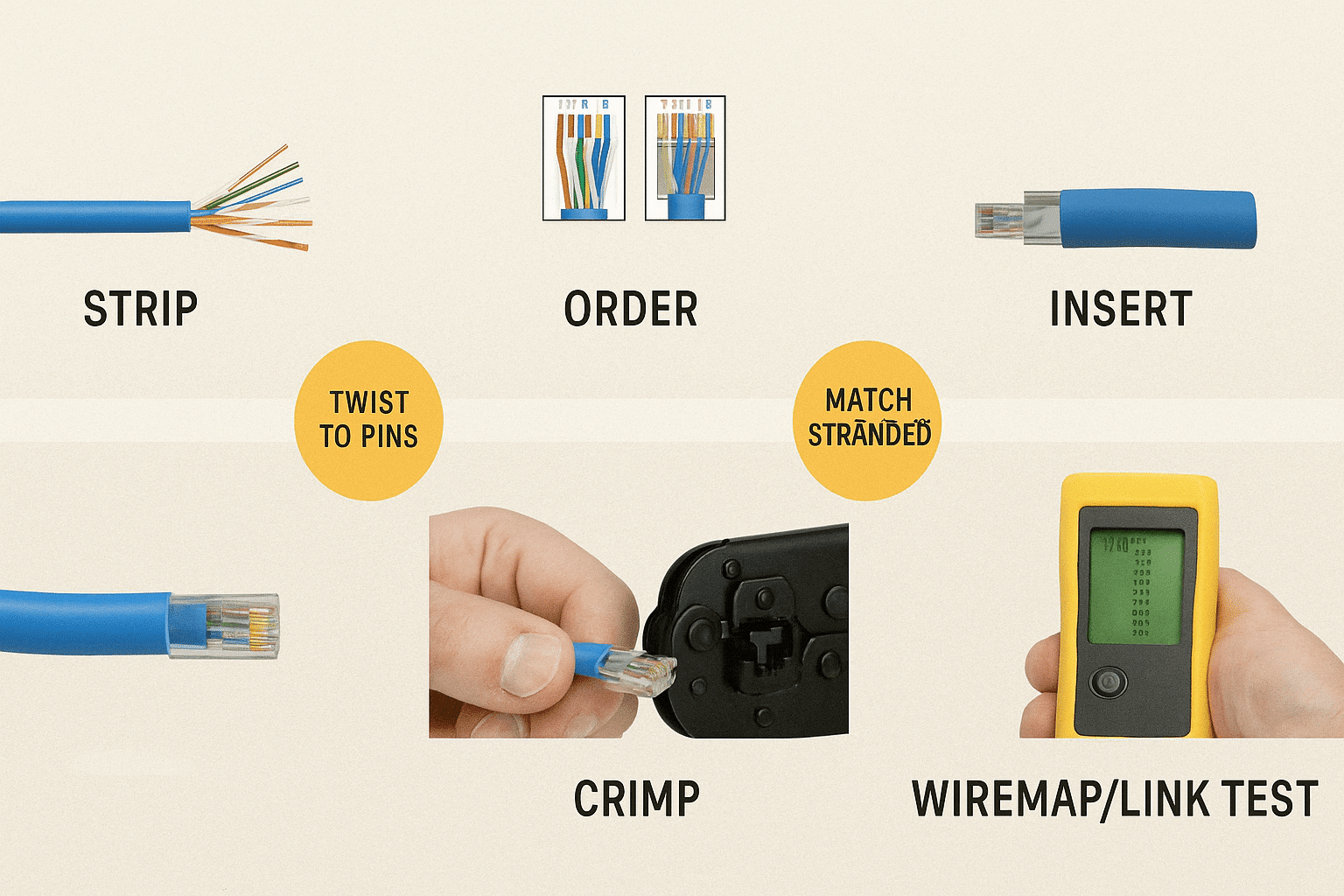 Step sequence for crimping an RJ45 plug onto Cat 5/Cat5e.