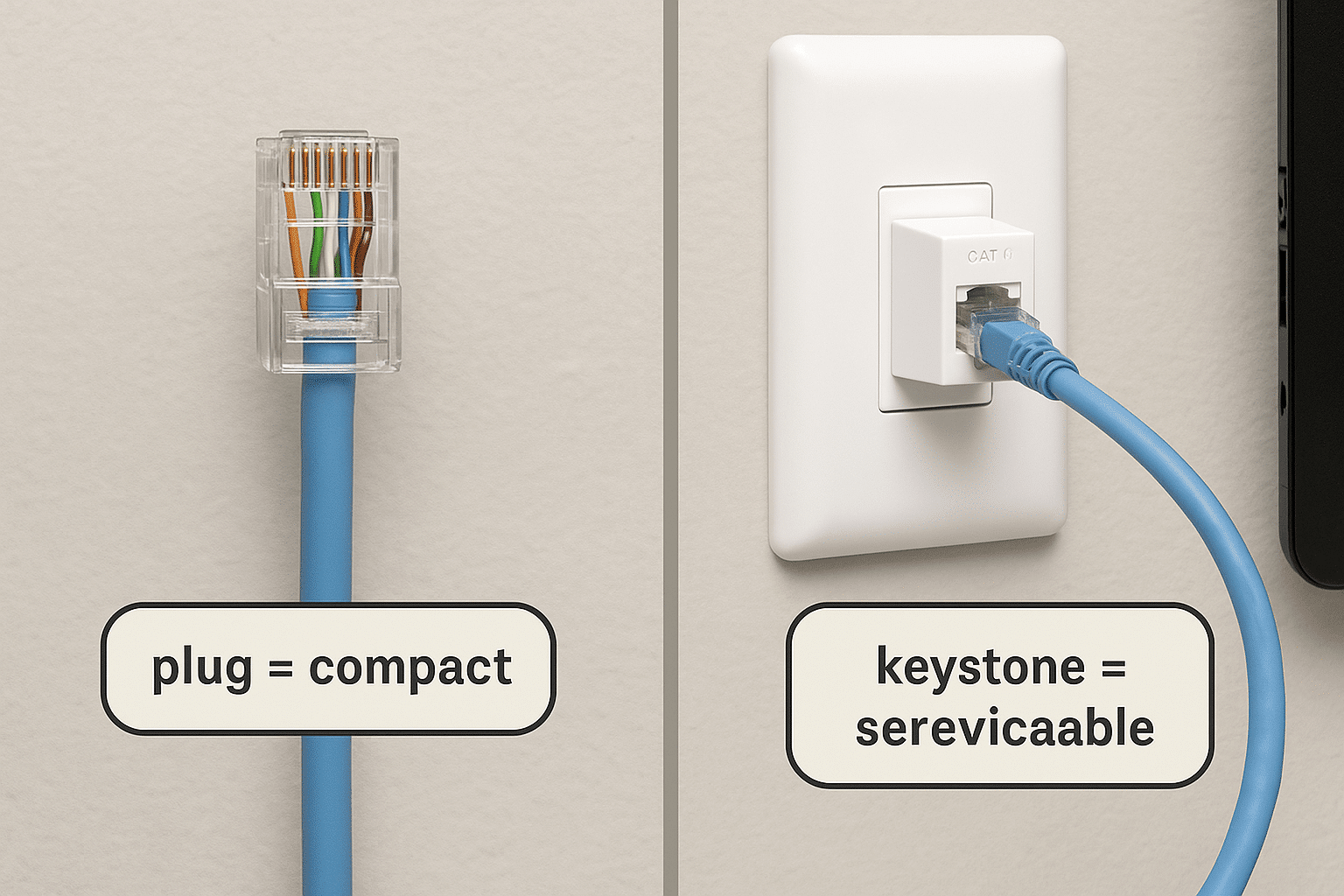 Side-by-side comparison of a plug-terminated patch and a keystone-terminated permanent link.