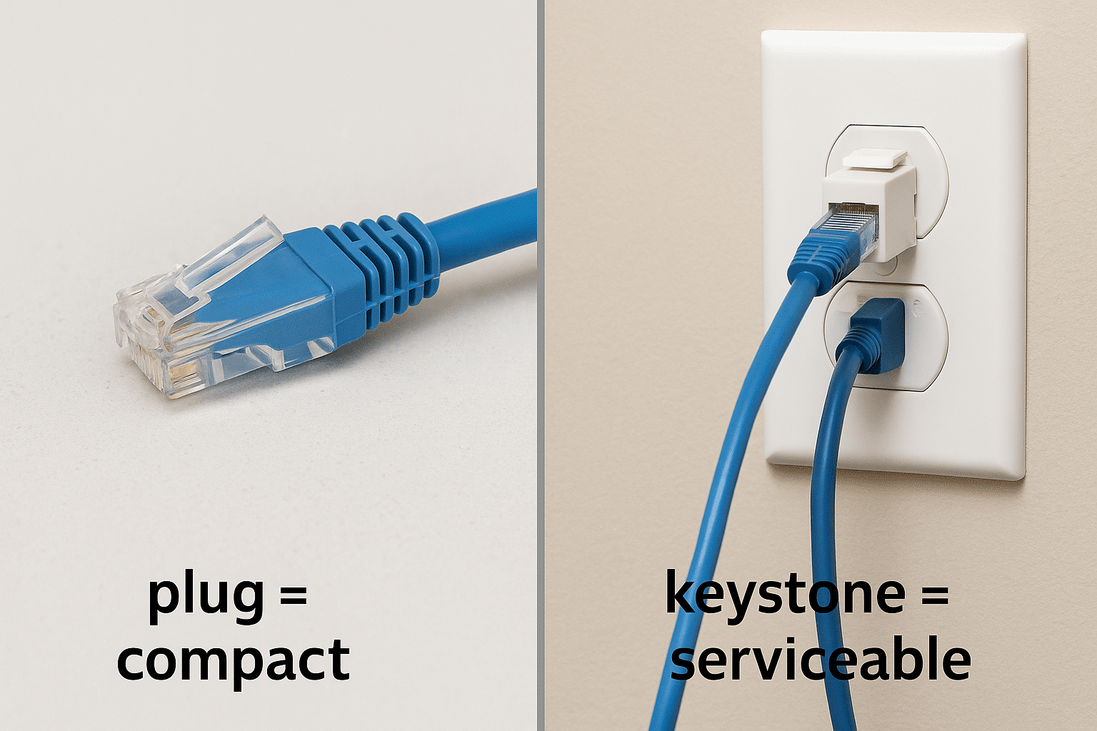 Side-by-side comparison of a plug-terminated patch lead and a keystone-terminated permanent link with a short patch cord. 