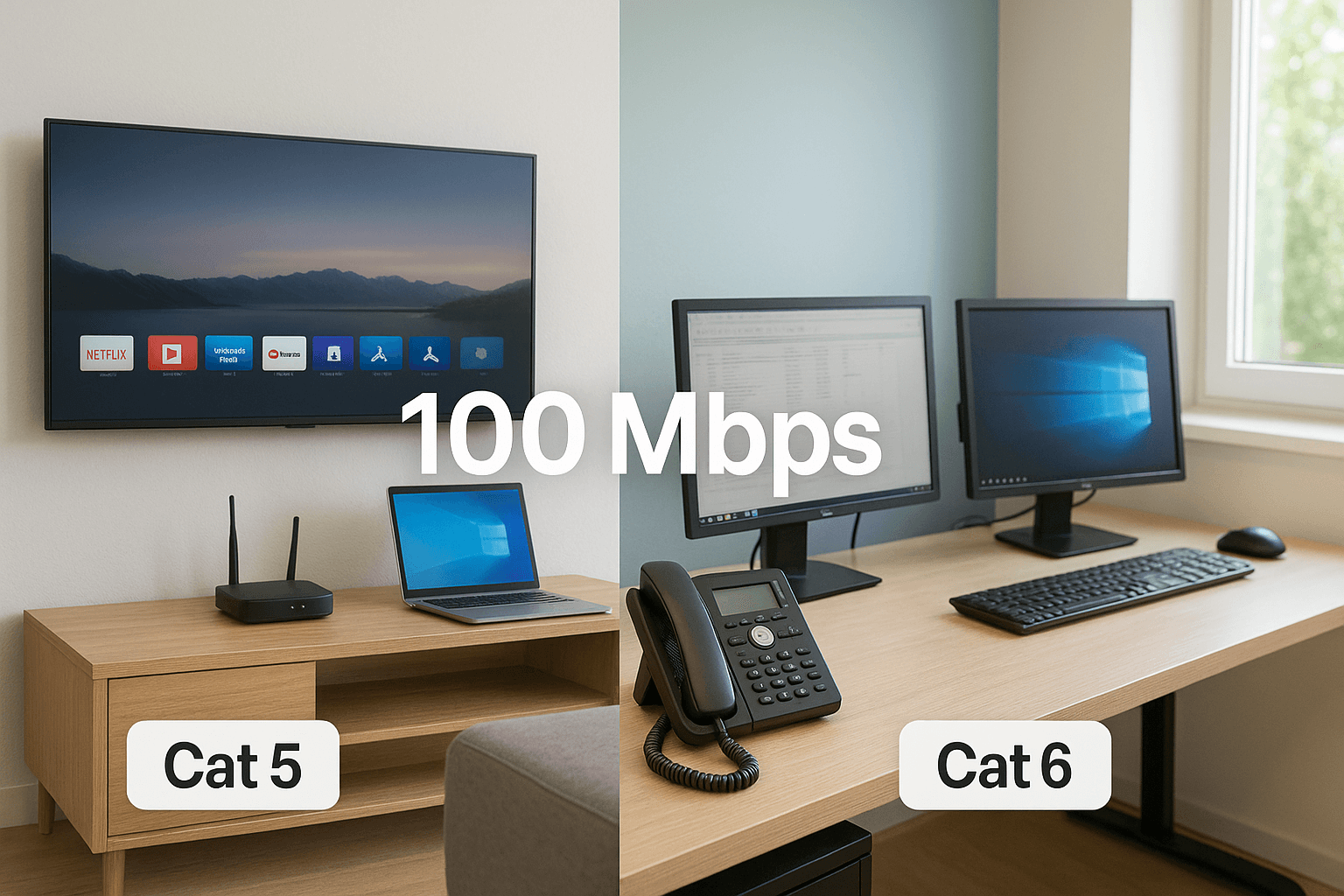 Illustration of Cat 5 connecting home streaming and small-office devices suited to ~100 Mbps workloads. 