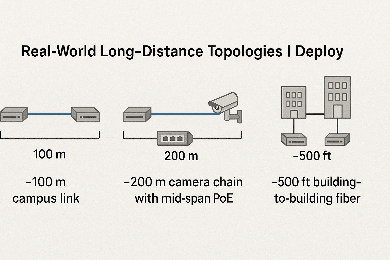 Scenario sketches showing compliant designs at ~100 m, ~200 m, and ~500 ft. 