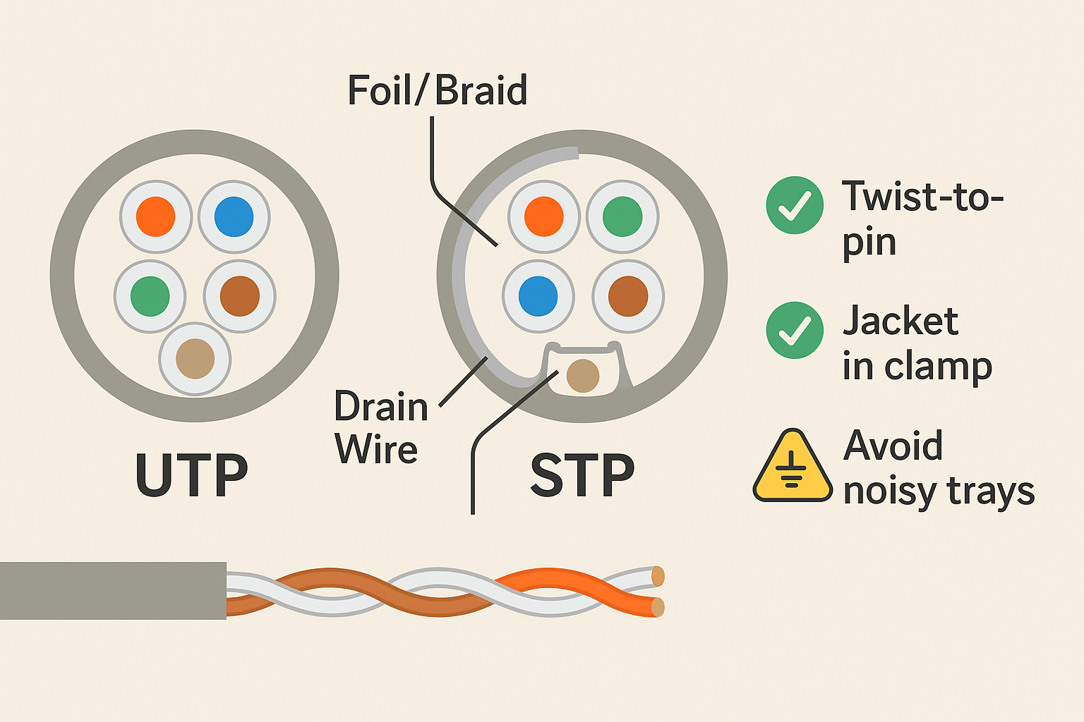 Diagram comparing UTP vs STP and the installation details that keep PoE/Ethernet stable. 