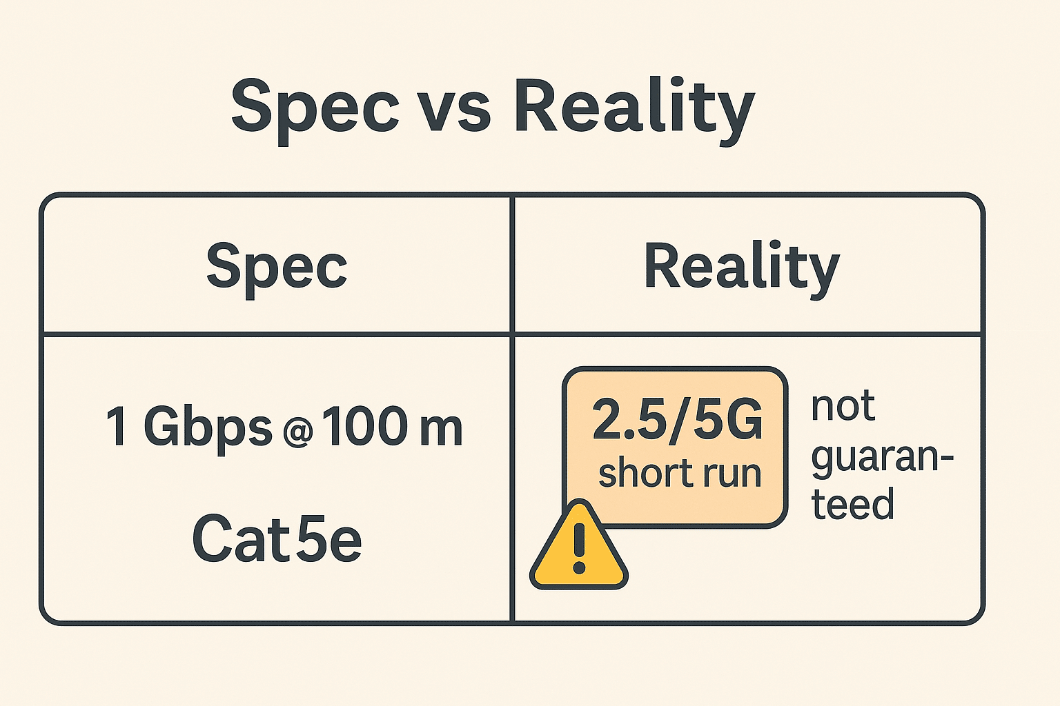 Graphic contrasting Cat5e’s 1 Gbps spec with a small, conditional 2.5/5G window. 