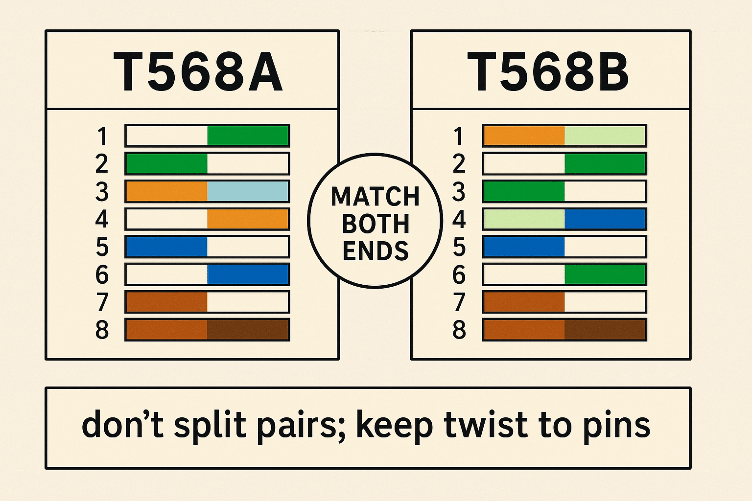 Color order cards for T568A/B with reminders about consistency and twist retention. 