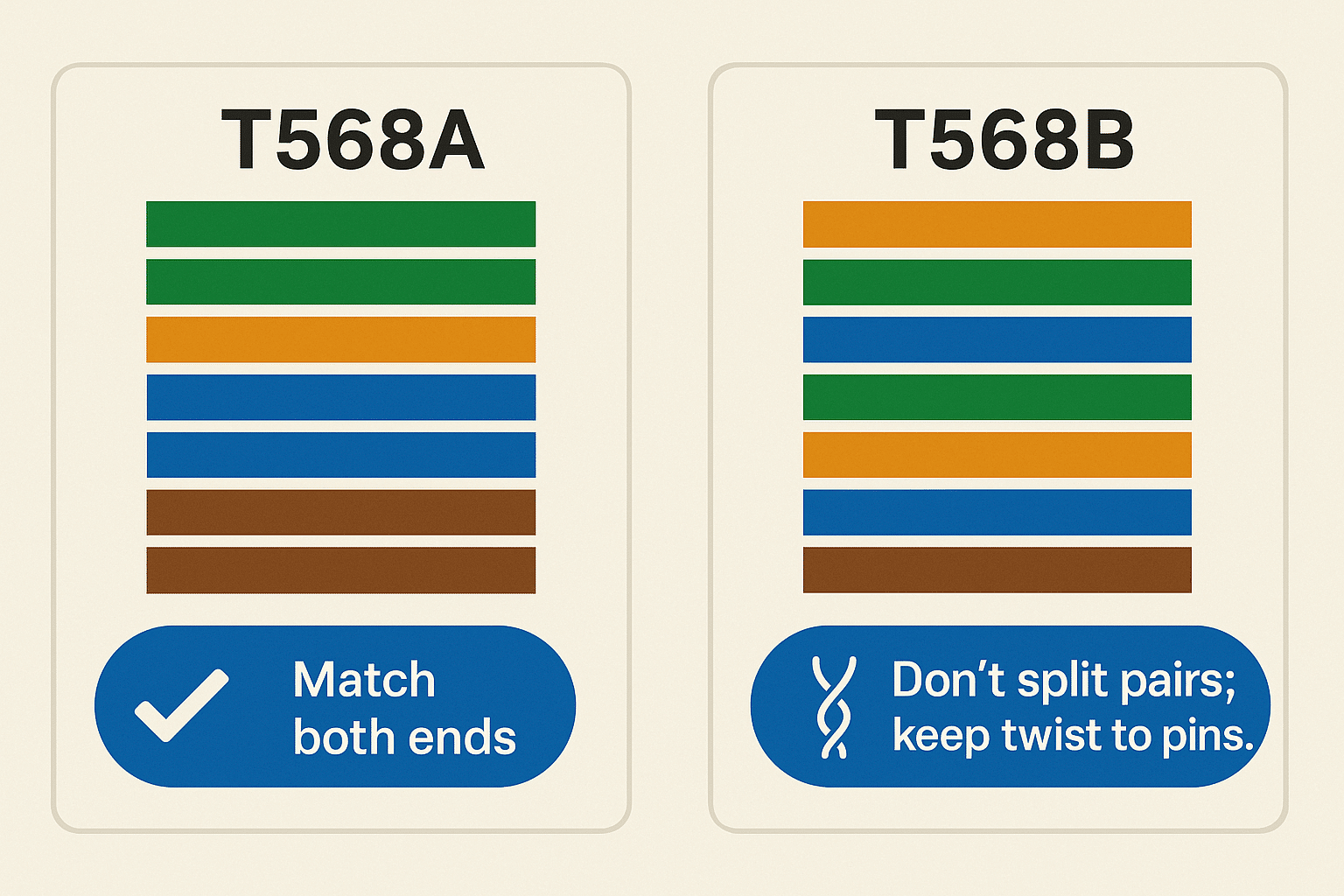  Color order cards for T568A/B with reminders about consistency and twist retention.