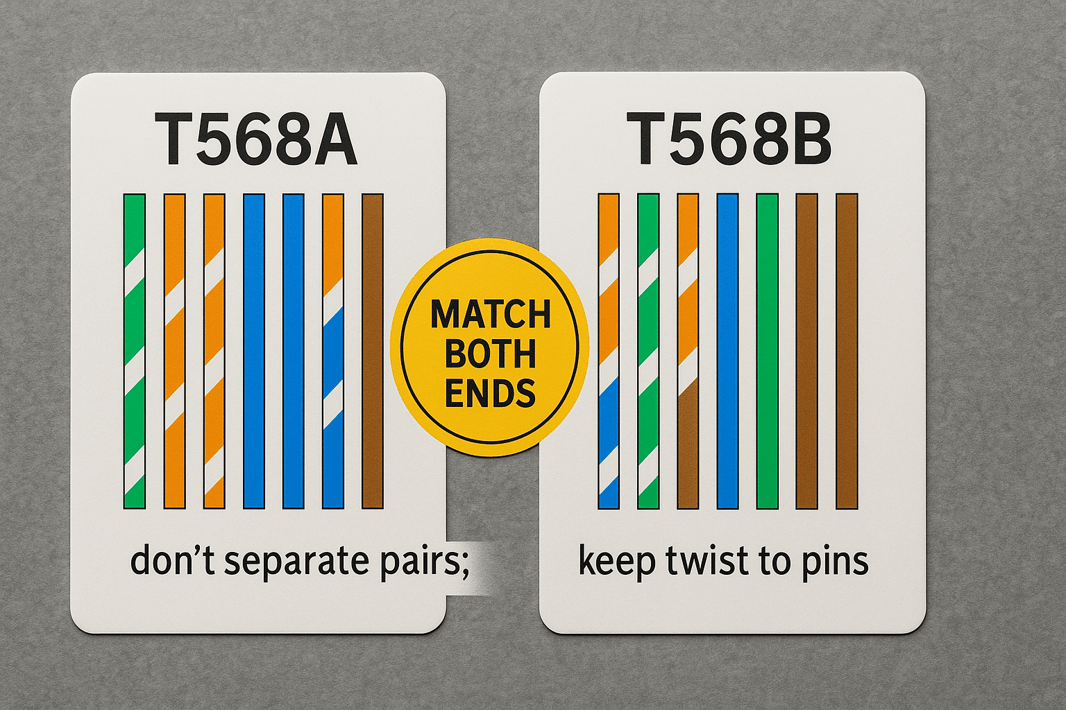 Color order cards for T568A and T568B with a reminder to keep both ends consistent and maintain pair twist. 