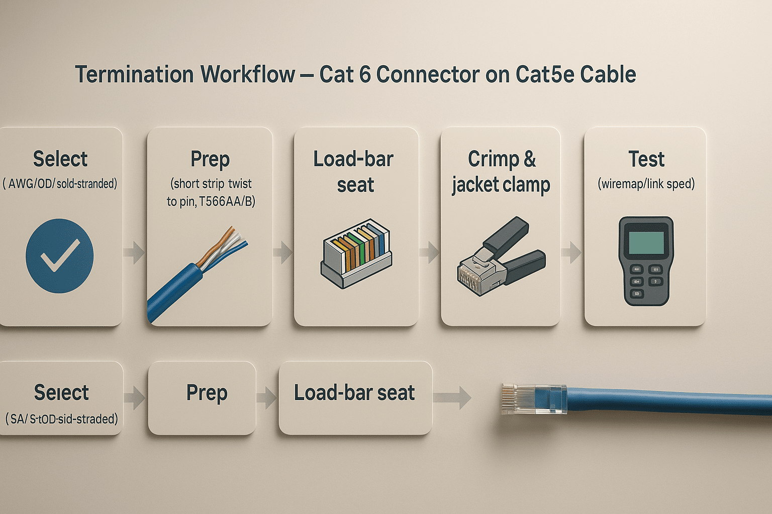 Diagram of common Cat 6/Cat5e mix scenarios showing that all remain rated Cat5e, with fit prerequisites highlighted. 