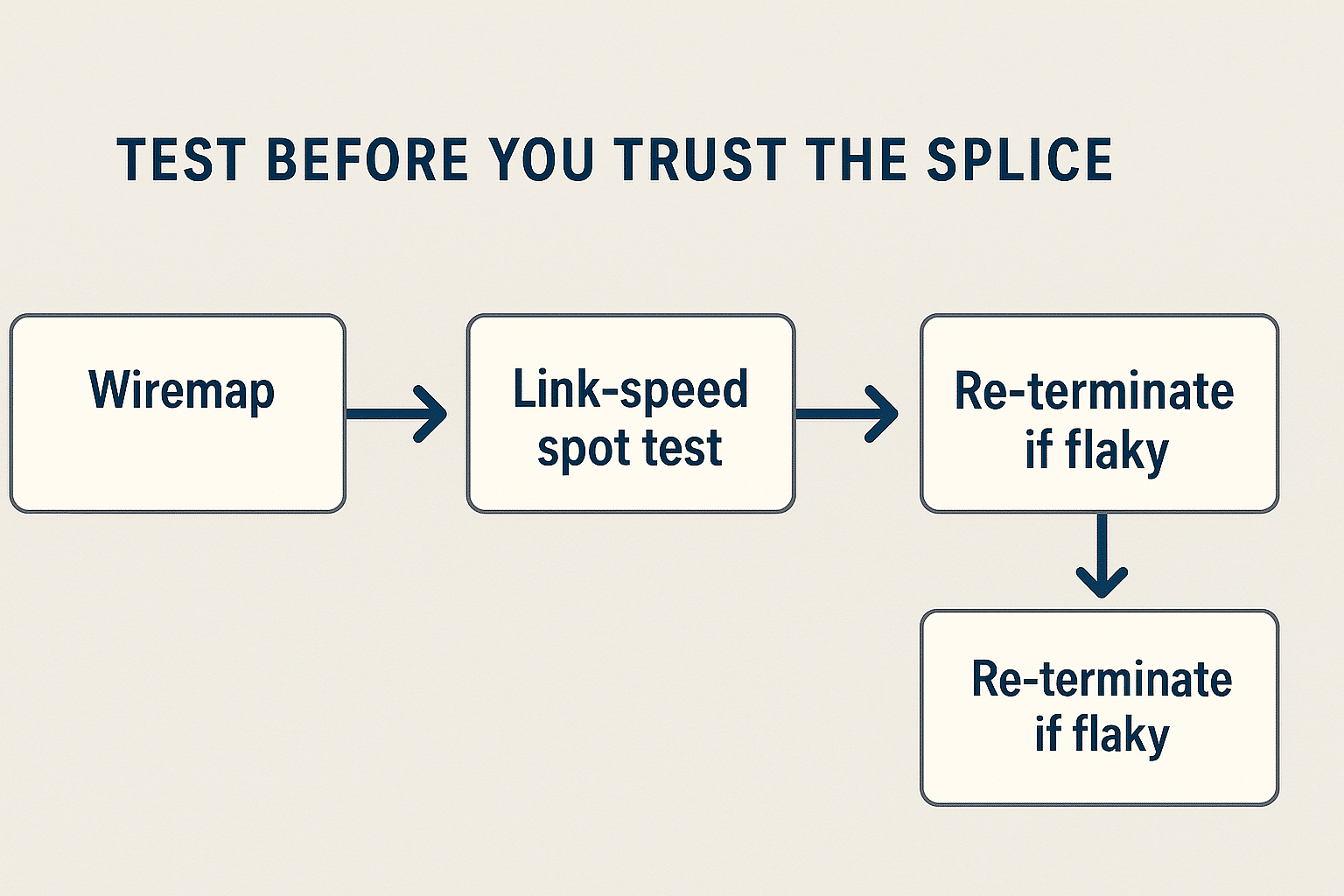 Flow showing wiremap, link-speed test, and re-termination loop for a Cat 5 splice. 