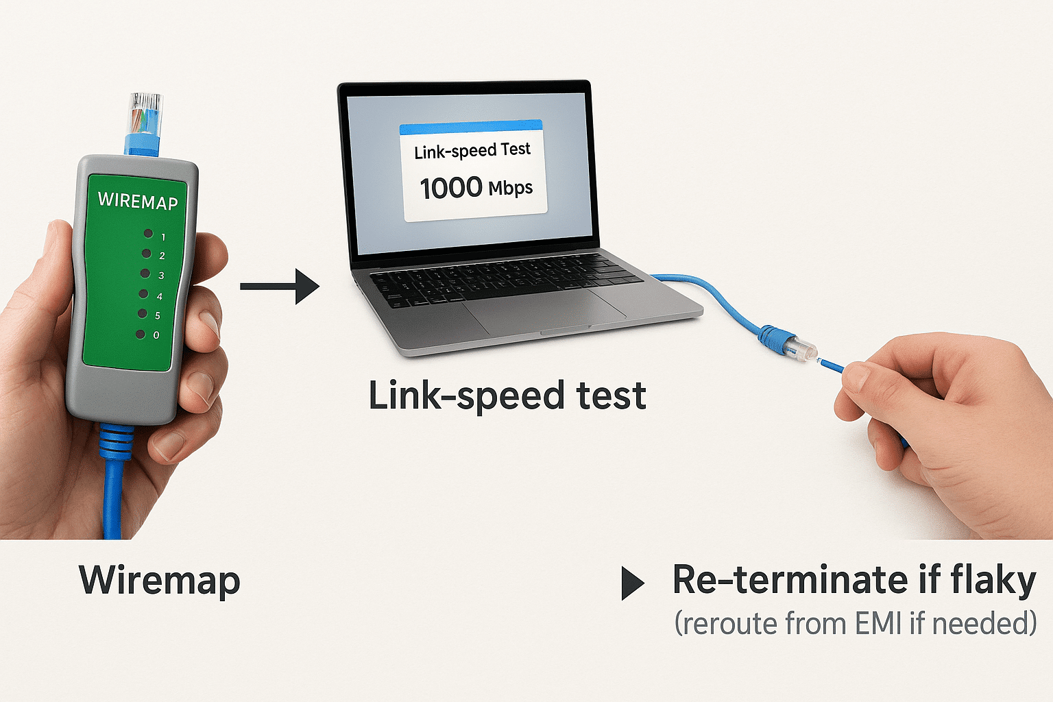 Simple flowchart showing wiremap and link-speed testing followed by re-termination when results are unstable. 