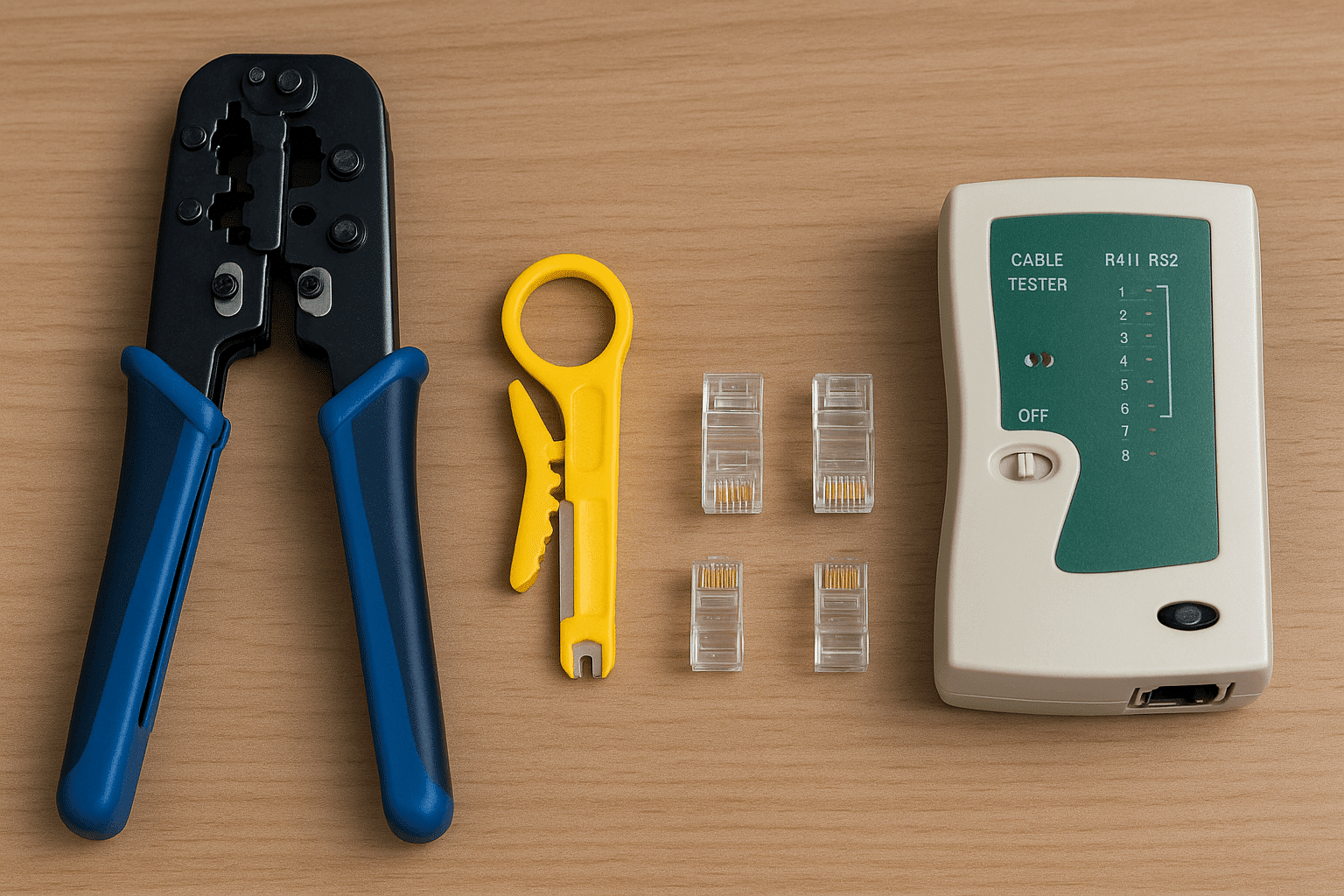 Tools required for Cat 5 crimping including crimper, stripper, RJ45 plugs, and a cable tester. 