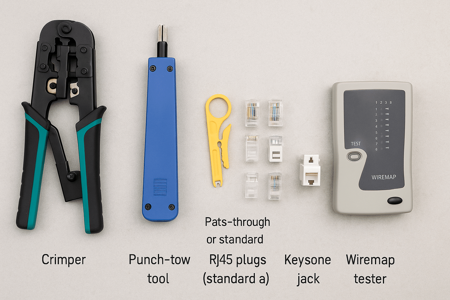 Tools and parts required for RJ45 and keystone terminations, including a wiremap tester. 