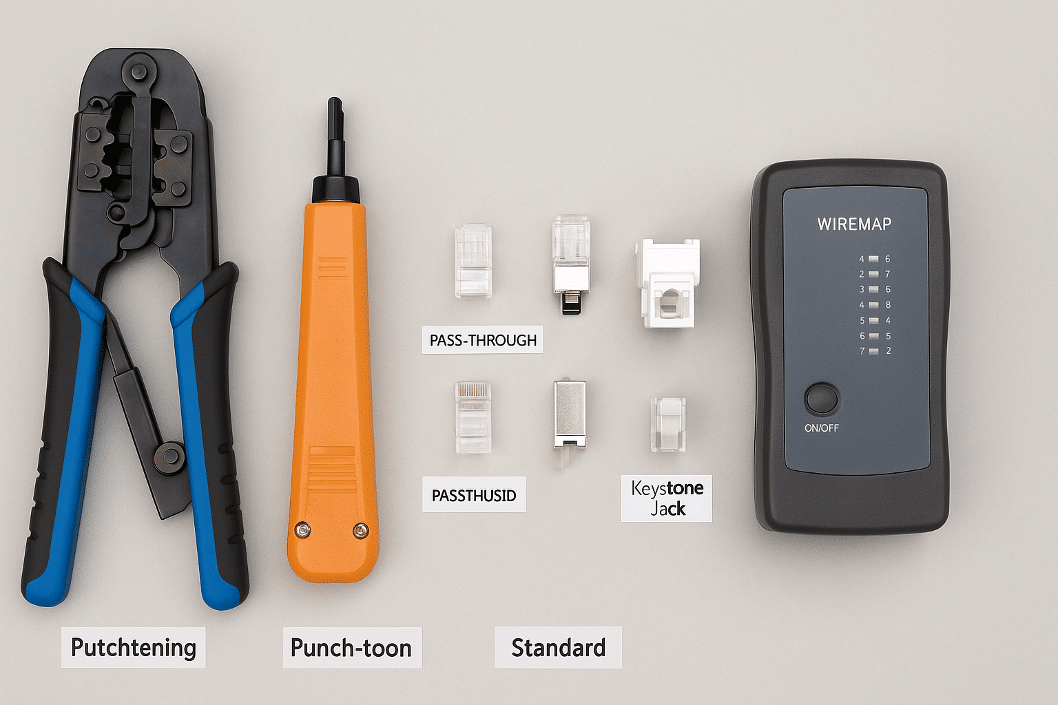 Tools and parts required for Cat 6 RJ45 and keystone terminations, including an OD-compatible plug and a wiremap tester. 