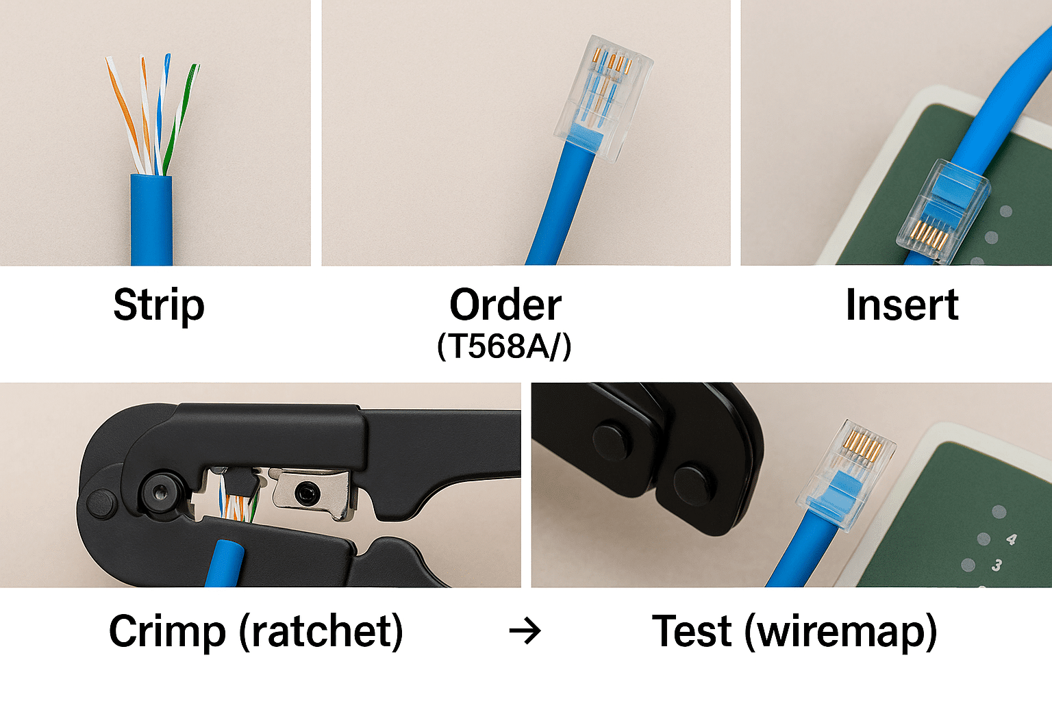Stepwise Cat 5 crimping sequence from jacket strip and color order to full insertion, ratchet crimp, and wiremap testing. 