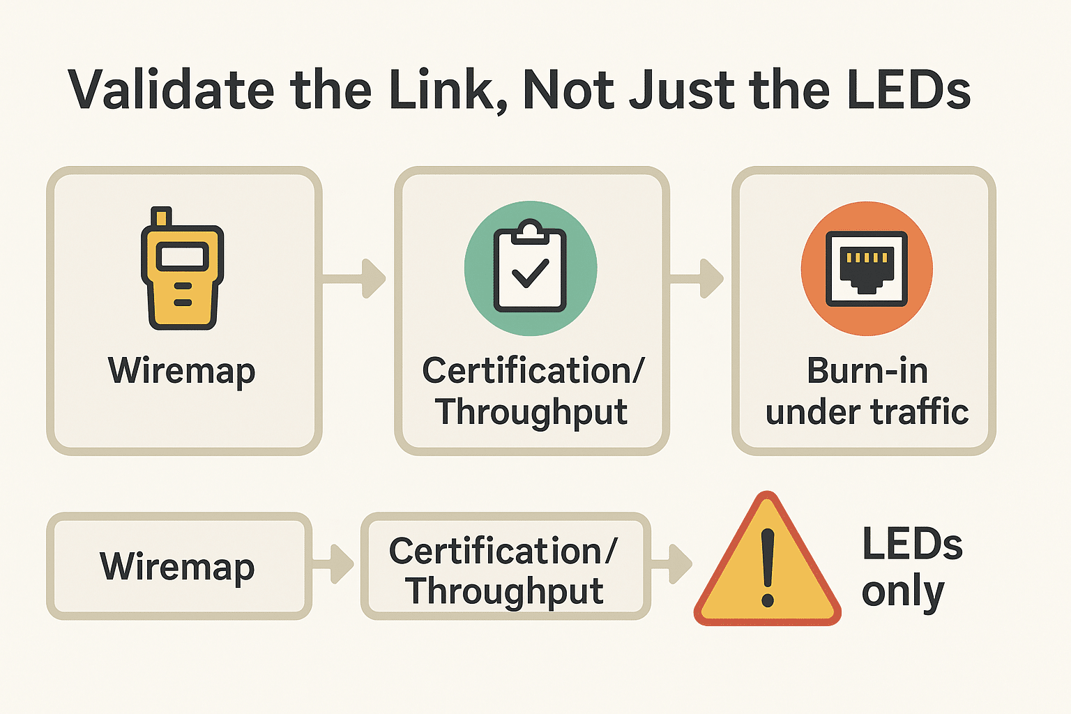 Flowchart showing practical verification steps for Cat5e/Cat6 installs. 