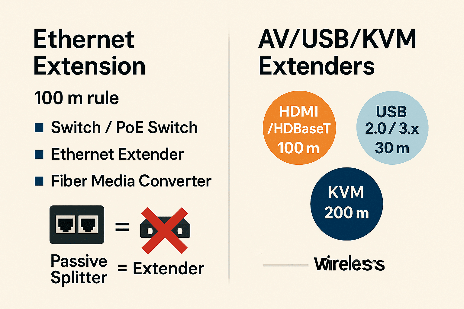 Side-by-side summary showing Ethernet extension options and AV/USB/KVM extenders, with a warning against passive splitters. 
