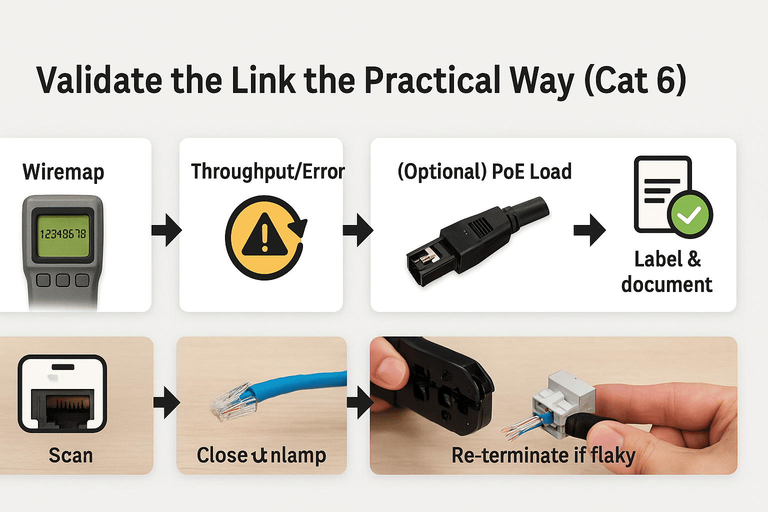 Comparison of correct and incorrect Cat 6 terminations highlighting jacket capture and twist retention.