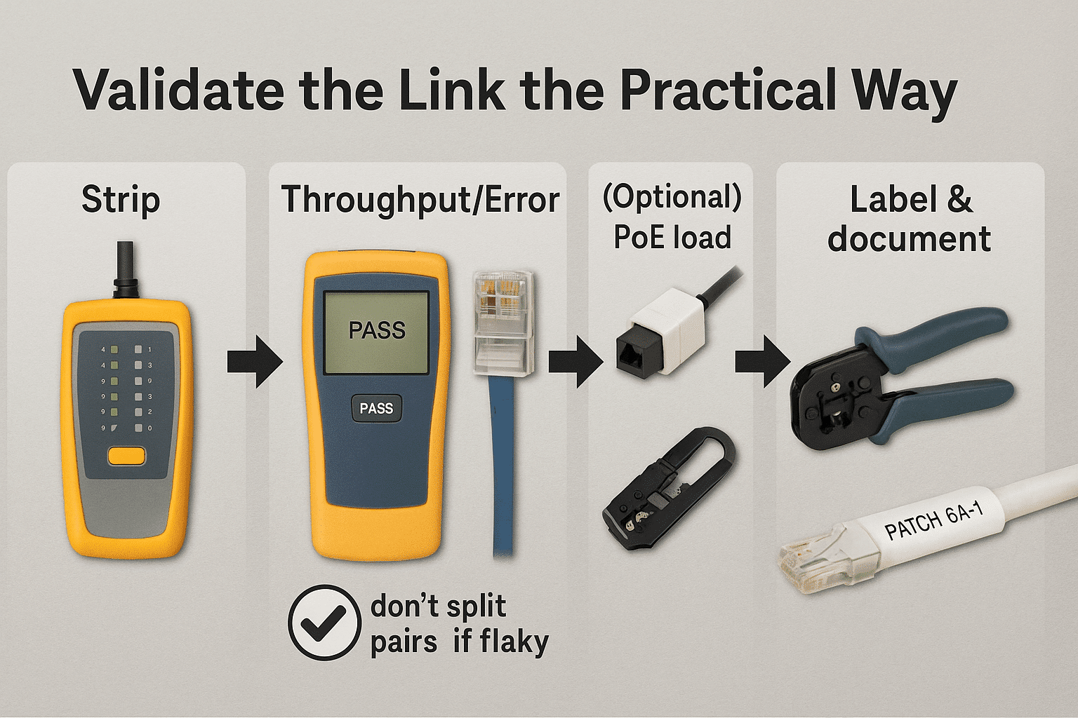  Verification steps and the “re-terminate first” rule for Cat 5/Cat5e terminations. 