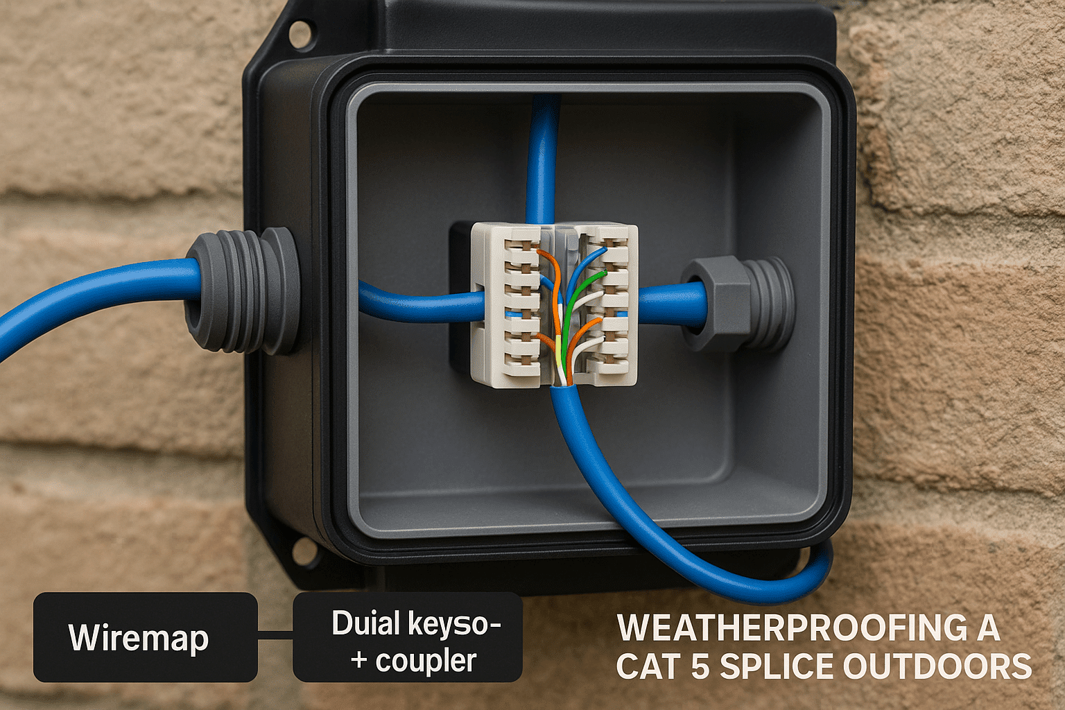Outdoor Cat 5 splice protected in a waterproof enclosure with strain-relief and UV shielding. 