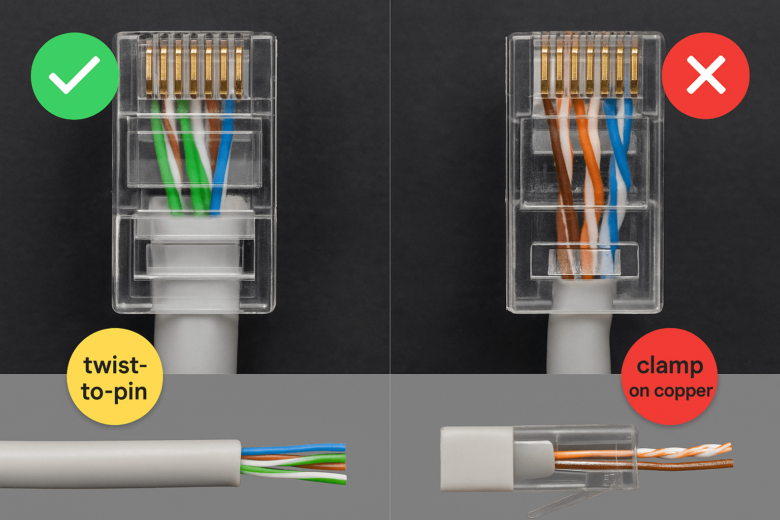  Comparison of correct and incorrect Cat 5/Cat5e terminations highlighting jacket capture and twist retention. 