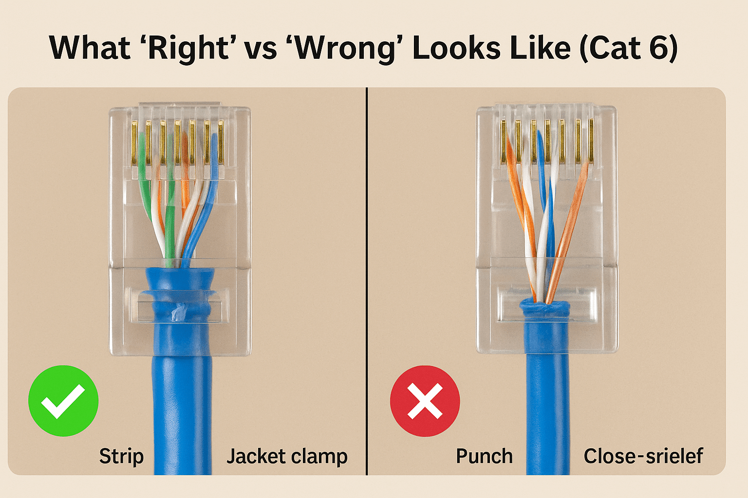 Comparison of correct and incorrect Cat 6 terminations highlighting jacket capture and twist retention.