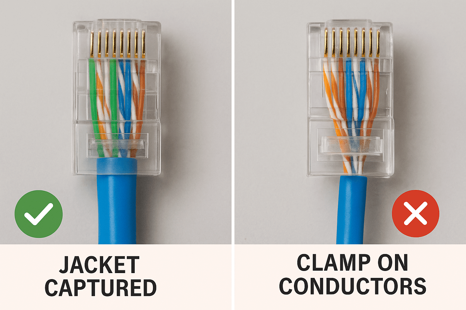 Stepwise Cat 5 crimping sequence from jacket strip and color order to full insertion, ratchet crimp, and wiremap testing. 