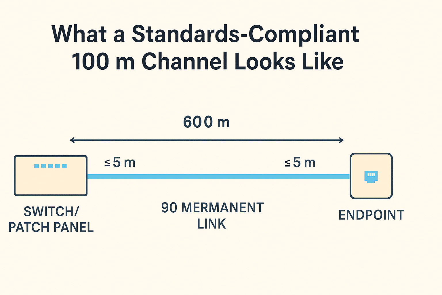 Diagram of a 90 m permanent link plus short patch cords on each end totaling 100 m.