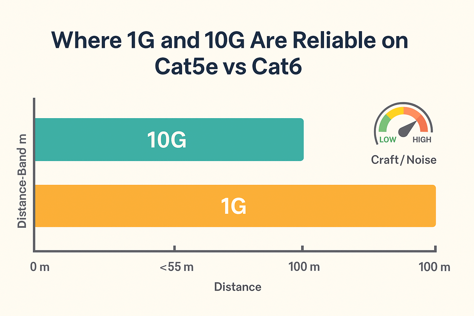 Band chart showing 1 Gbps to 100 m for both categories and a short 10 Gbps window unique to Cat6. 