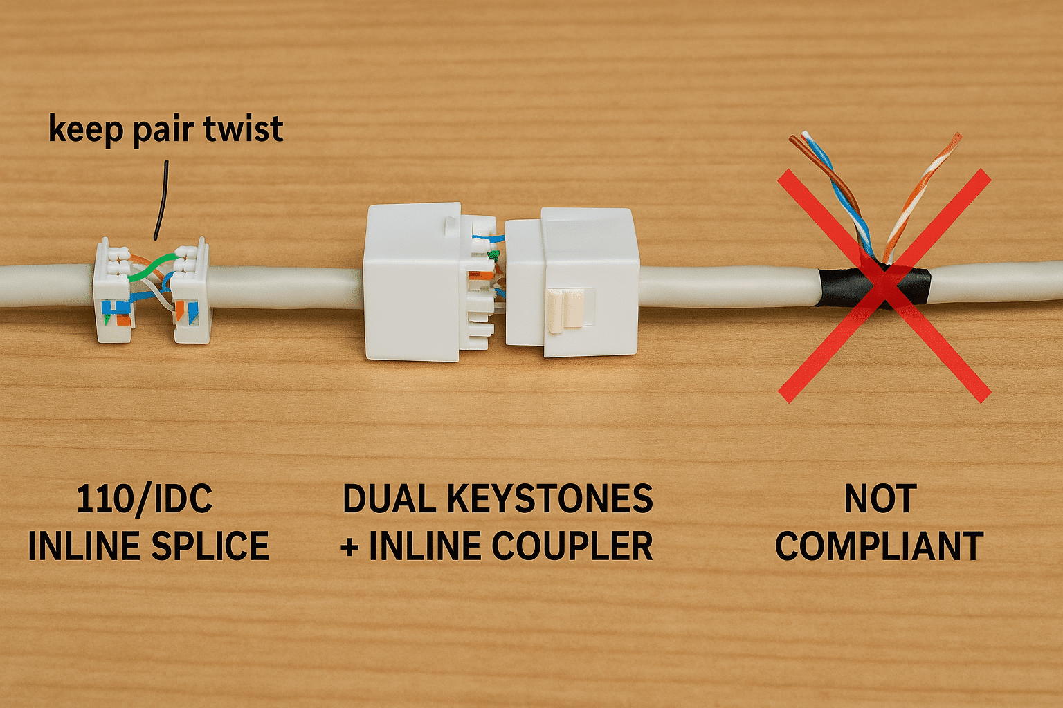 Visual comparison of hand-twist vs rated inline IDC splice vs dual keystones with coupler, highlighting compliance and signal integrity. 