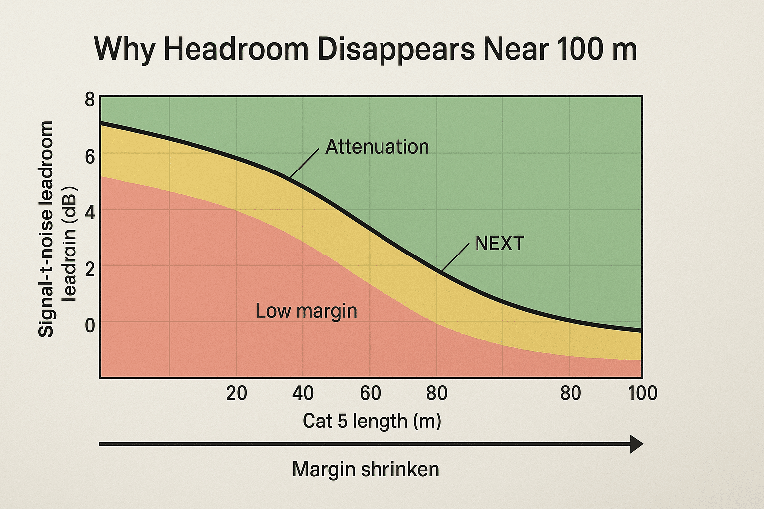 Chart showing signal/noise headroom shrinking as Cat 5 length increases toward 100 m. 