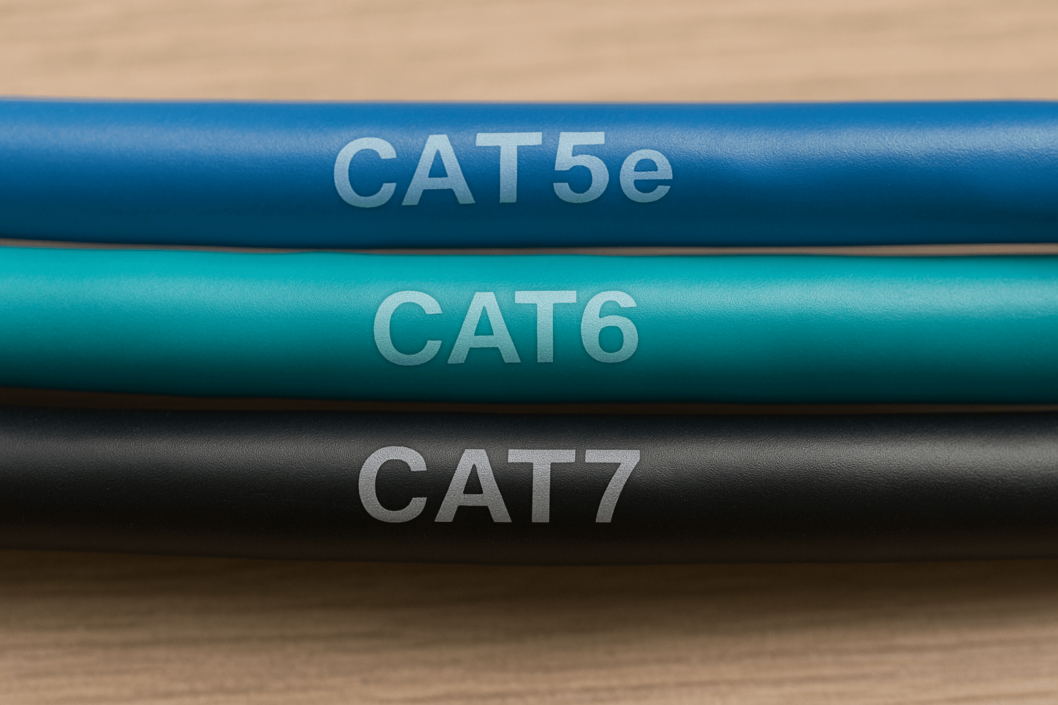 Close-up of Cat5e, Cat6 and Cat7 Ethernet cables showing printed category markings on the jackets.